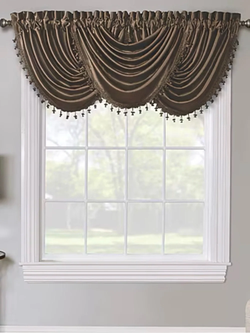 Elegant Brown Draped Valance with Beaded Trim - Home Accents